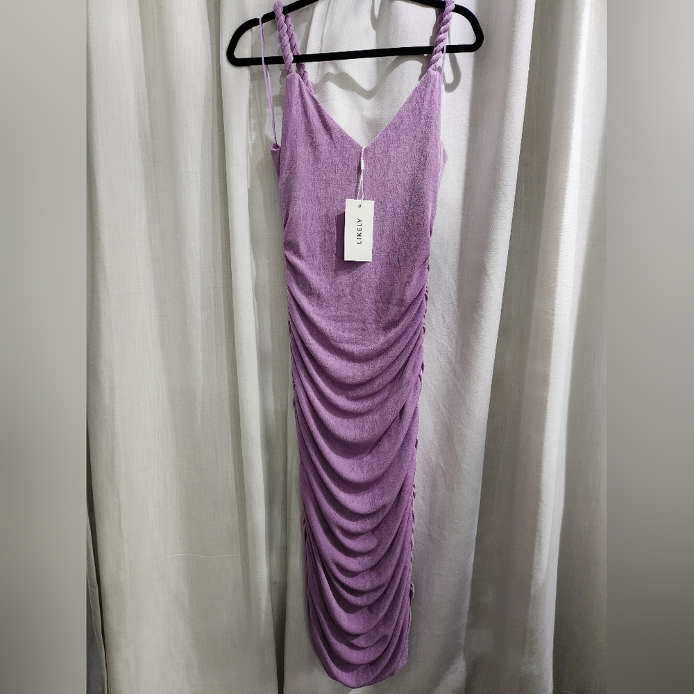 NWT LIKLEY Regan Lavender Purple Ruched Bodycon Midi Dress 4 - Picture 4 of 6